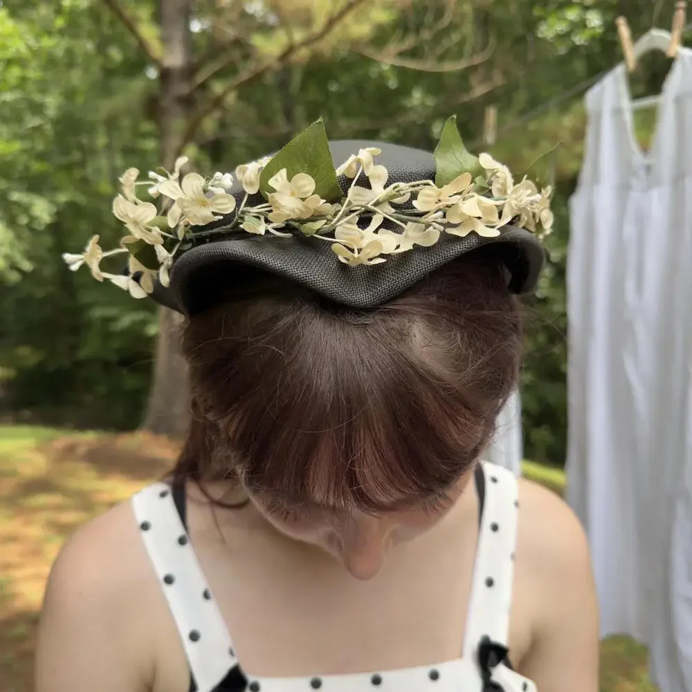 40s garden party tilt hat wavy scallop brim blossom black velvet ribbon bow
